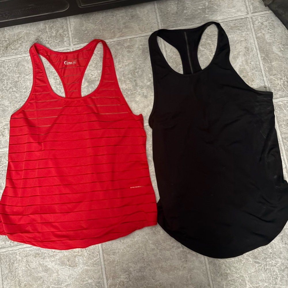 ZYIA Red Striped & Black Racerback Tank Tops - Women's Active Pair